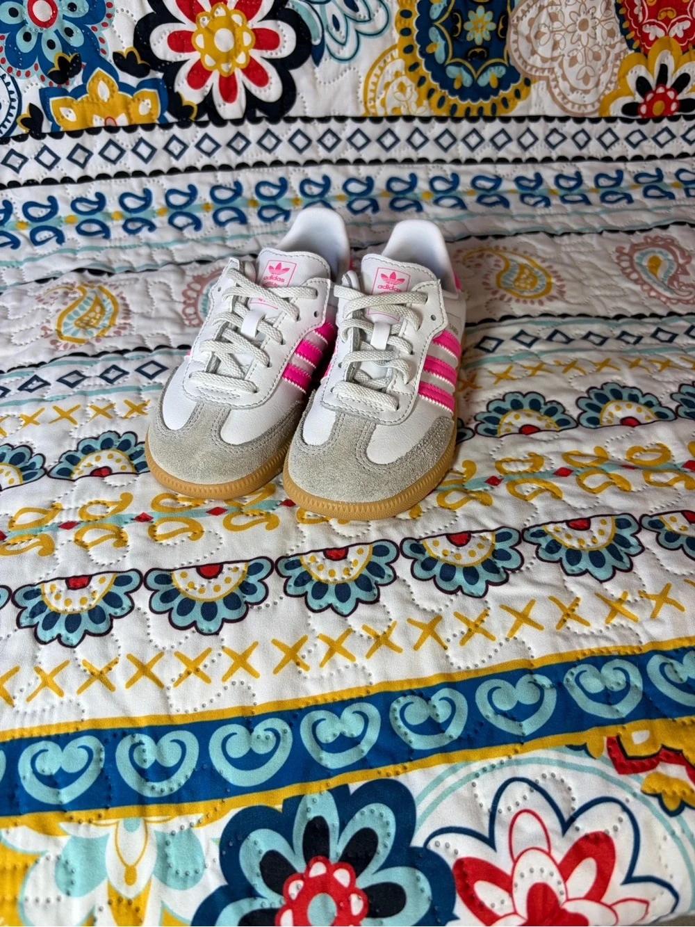 adidas Kids Samba Sneakers — White with Hot Pink Stripes